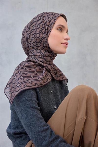 Pamuk Polyester Soft Eşarp Geometrik Desen Latte 90x90