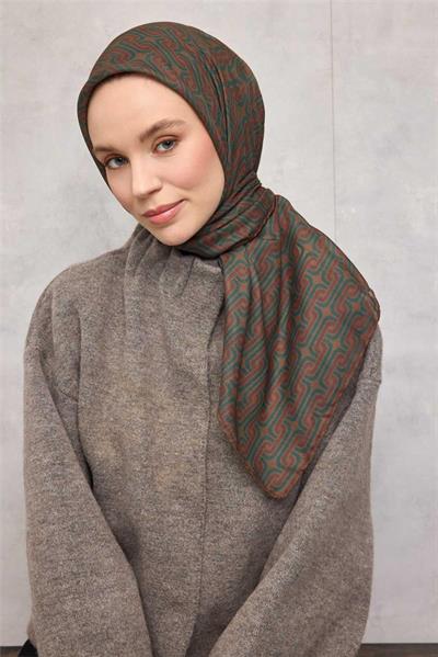Pamuk Polyester Soft Eşarp Geometrik Desen Taba  90x90