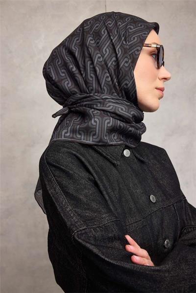 Pamuk Polyester Soft Eşarp Geometrik Desen Gece Siyahı 90x90
