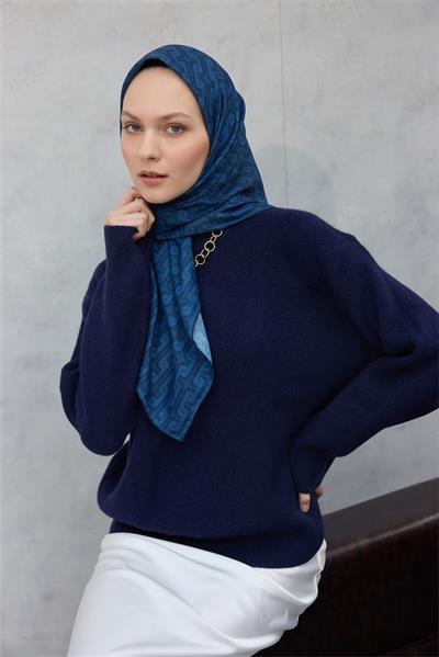 Pamuk Polyester Soft Eşarp Geometrik Desen Indigo Mavi 90x90