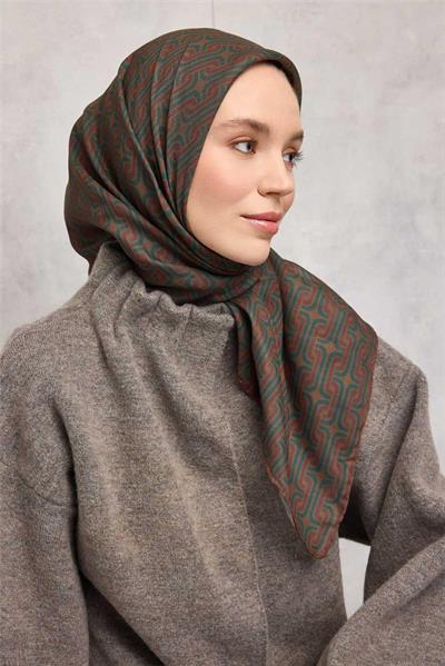 Pamuk Polyester Soft Eşarp Geometrik Desen Taba  90x90