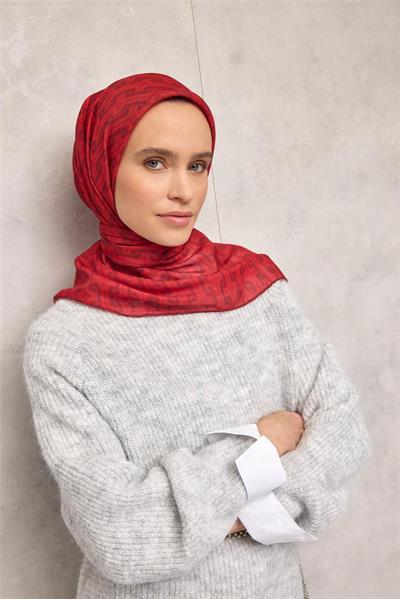 Pamuk Polyester Soft Eşarp Geometrik Desen Kırmızı 90x90