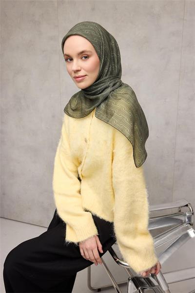 Pamuk Polyester Soft Eşarp Geometrik Desen Zümrüt Yeşili 90x90