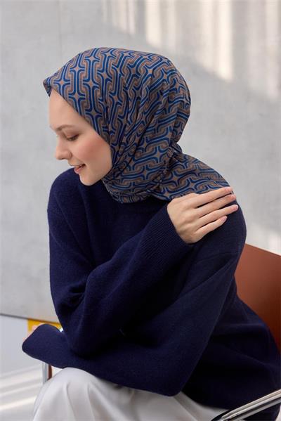 Pamuk Polyester Soft Eşarp Geometrik Desen Koyu Krem 90x90