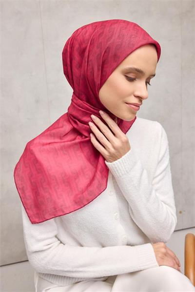 Pamuk Polyester Soft Eşarp Geometrik Desen Fuşya 90x90