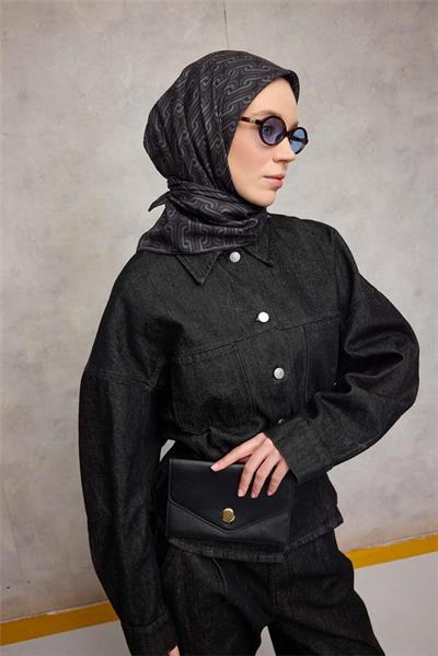 Pamuk Polyester Soft Eşarp Geometrik Desen Gece Siyahı 90x90