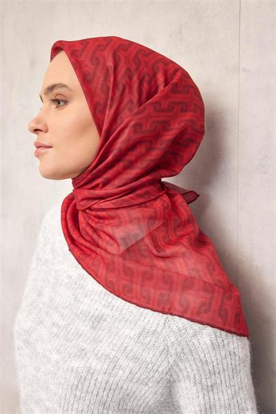 Pamuk Polyester Soft Eşarp Geometrik Desen Kırmızı 90x90