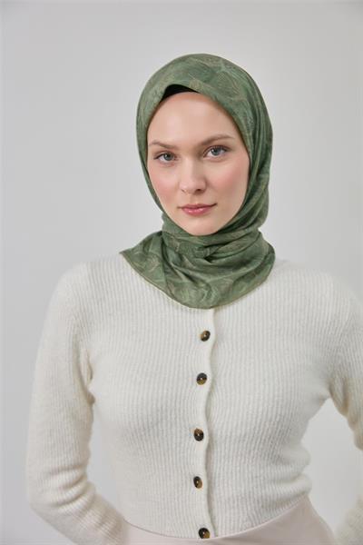 İnce Pamuk Soft Eşarp Haki Yaprak Desenli Hafif Dokulu 90x90