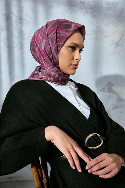 Soft Pamuk Eşarp Kahverengi Pembe Koyu Vizon Geometrik Desenli Hafif Dokulu 90x90