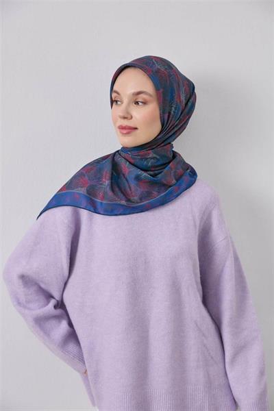 İnce Pamuk Soft Eşarp Lacivert Yaprak Desenli Hafif Dokulu 90x90