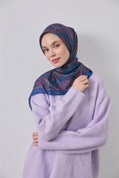İnce Pamuk Soft Eşarp Lacivert Yaprak Desenli Hafif Dokulu 90x90