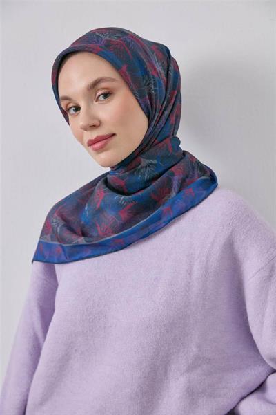 İnce Pamuk Soft Eşarp Lacivert Yaprak Desenli Hafif Dokulu 90x90