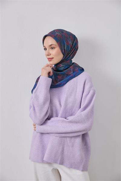 İnce Pamuk Soft Eşarp Lacivert Yaprak Desenli Hafif Dokulu 90x90