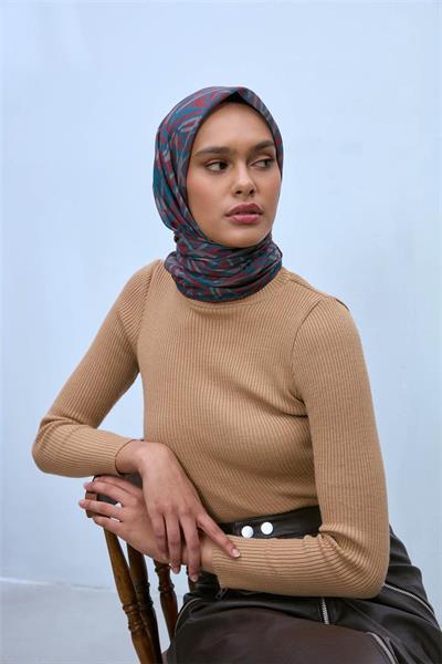 Soft Pamuk Eşarp Kiremit Vizon Turkuaz Geometrik Desenli Hafif Dokulu 90x90