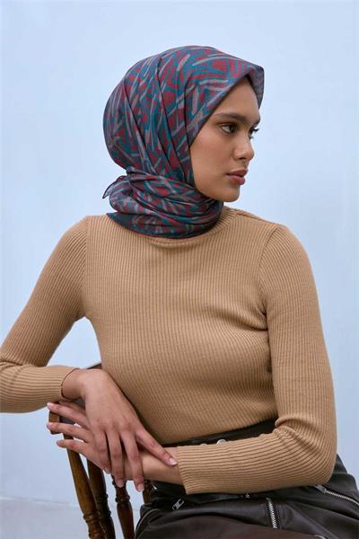 Soft Pamuk Eşarp Kiremit Vizon Turkuaz Geometrik Desenli Hafif Dokulu 90x90