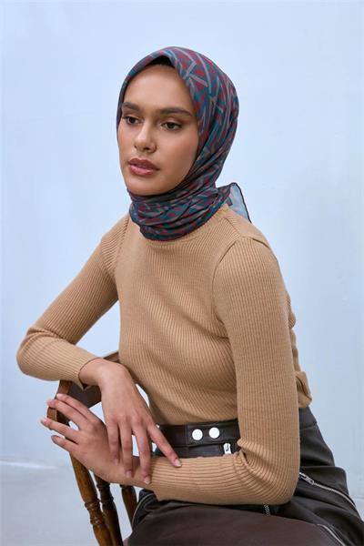 Soft Pamuk Eşarp Kiremit Vizon Turkuaz Geometrik Desenli Hafif Dokulu 90x90