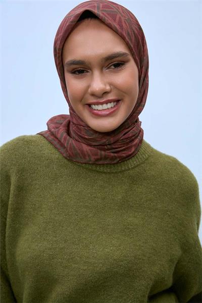 Soft Pamuk Eşarp Kızıl Kahve Geometrik Desenli Hafif Dokulu 90x90