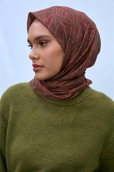 Soft Pamuk Eşarp Kızıl Kahve Geometrik Desenli Hafif Dokulu 90x90