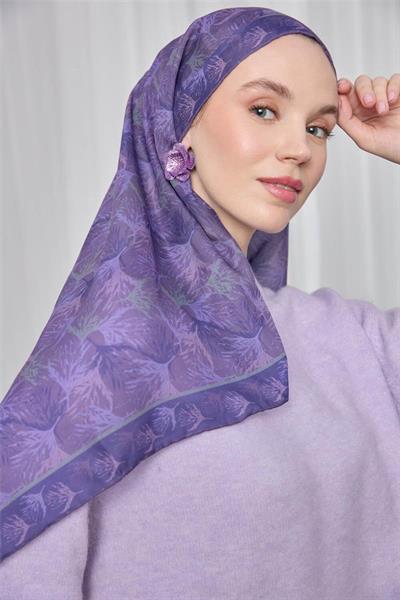 İnce Pamuk Soft Eşarp Mor Yaprak Desenli Hafif Dokulu 90x90