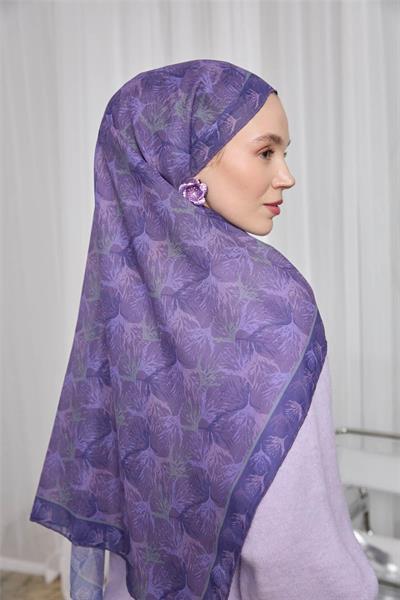 İnce Pamuk Soft Eşarp Mor Yaprak Desenli Hafif Dokulu 90x90