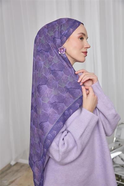 İnce Pamuk Soft Eşarp Mor Yaprak Desenli Hafif Dokulu 90x90