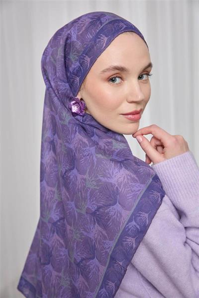 İnce Pamuk Soft Eşarp Mor Yaprak Desenli Hafif Dokulu 90x90