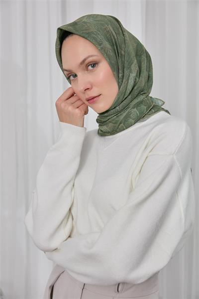 İnce Pamuk Soft Eşarp Koyu Vizon Yaprak Desenli Hafif Dokulu 90x90
