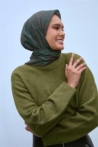 Soft Pamuk Eşarp Koyu Yeşil Acı Kahve Geometrik Desenli Hafif Dokulu 90x90