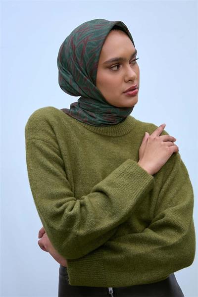Soft Pamuk Eşarp Koyu Yeşil Acı Kahve Geometrik Desenli Hafif Dokulu 90x90