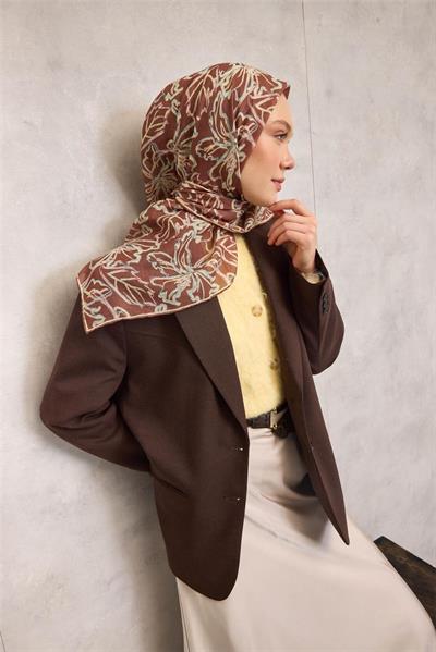 Pamuk Polyester Soft Eşarp Açık Kahverengi Lilium Desenli Kaymaz Dokulu 90x90
