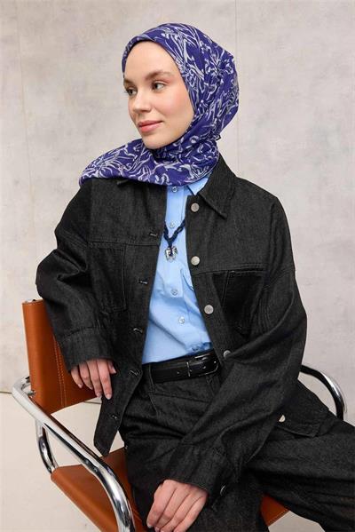 Pamuk Polyester Soft Eşarp Mor Lilium Desenli Kaymaz Dokulu 90x90