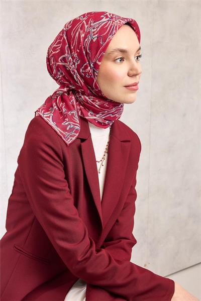 Pamuk Polyester Eşarp Fuşya-Mor Krem Desenli Soft Dokulu Tok Duruşlu 90x90