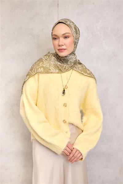 Pamuk Polyester Soft Eşarp Haki Lilium Desenli Kaymaz Dokulu 90x90