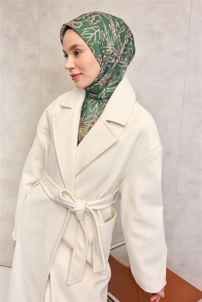 Pamuk Polyester Soft Eşarp Yeşil Lilium Desenli Kaymaz Dokulu 90x90