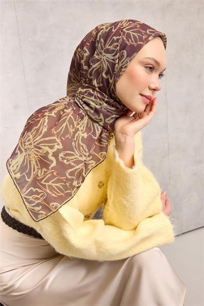 Pamuk Polyester Soft Eşarp Açık Kahverengi Lilium Desenli Kaymaz Dokulu 90x90