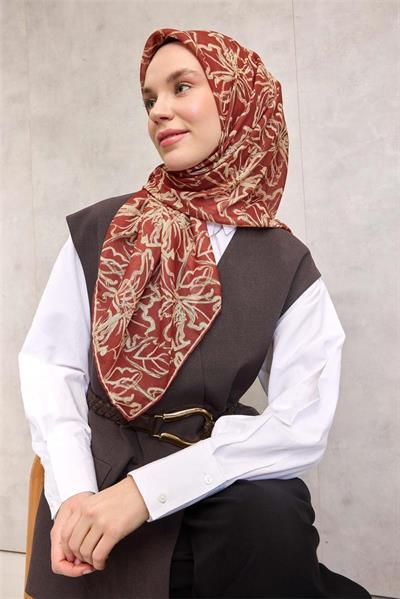Pamuk Polyester Soft Eşarp Kiremit Lilium Desenli Kaymaz Dokulu 90x90