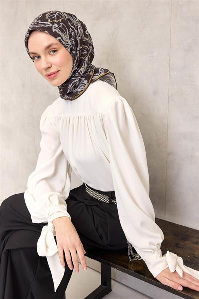 Pamuk Polyester Soft Eşarp Soluk Hardal Lilyum Desenli Tok Duruşlu 90x90