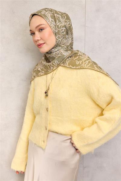 Pamuk Polyester Soft Eşarp Haki Lilium Desenli Kaymaz Dokulu 90x90