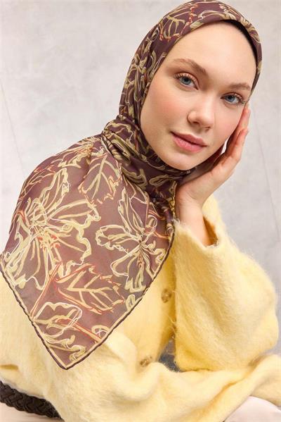 Pamuk Polyester Soft Eşarp Açık Kahverengi Lilium Desenli Kaymaz Dokulu 90x90