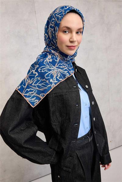 Pamuk Polyester Soft Eşarp Mavi Lilium Desenli Kaymaz Dokulu 90x90