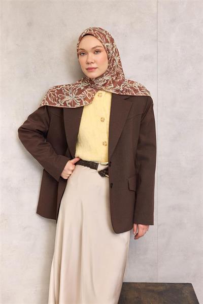 Pamuk Polyester Soft Eşarp Açık Kahverengi Lilium Desenli Kaymaz Dokulu 90x90