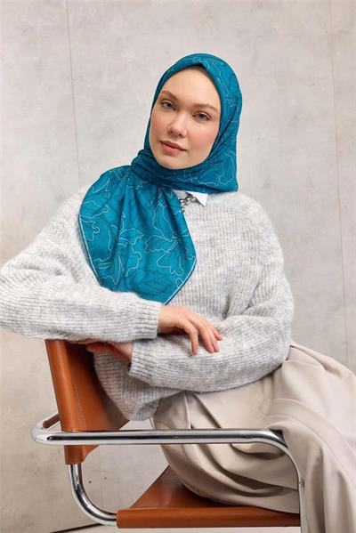 Pamuk Polyester Soft Eşarp Cam Göbeği Lilium Desenli Kaymaz Dokulu 90x90