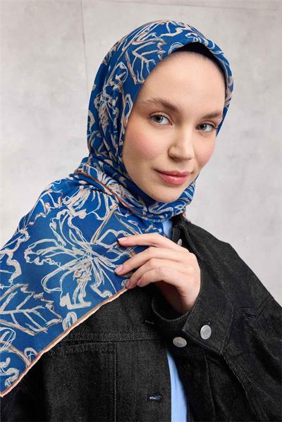 Pamuk Polyester Soft Eşarp Mavi Lilium Desenli Kaymaz Dokulu 90x90