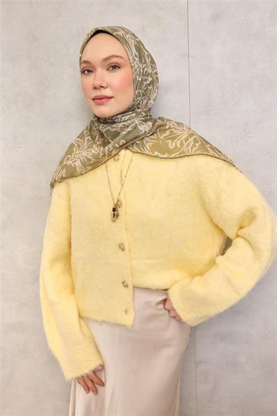 Pamuk Polyester Soft Eşarp Haki Lilium Desenli Kaymaz Dokulu 90x90