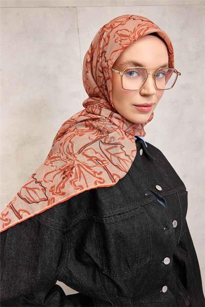 Pamuk Polyester Soft Eşarp Somon Lilium Desenli Kaymaz Dokulu 90x90