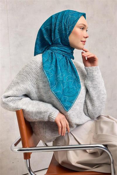 Pamuk Polyester Soft Eşarp Cam Göbeği Lilium Desenli Kaymaz Dokulu 90x90