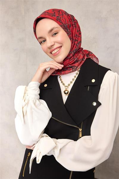 Pamuk Polyester Soft Eşarp Kırmızı Zemin Vizon-Siyah Lilyum Desenli Kaymaz Tok Duruşlu 90x90