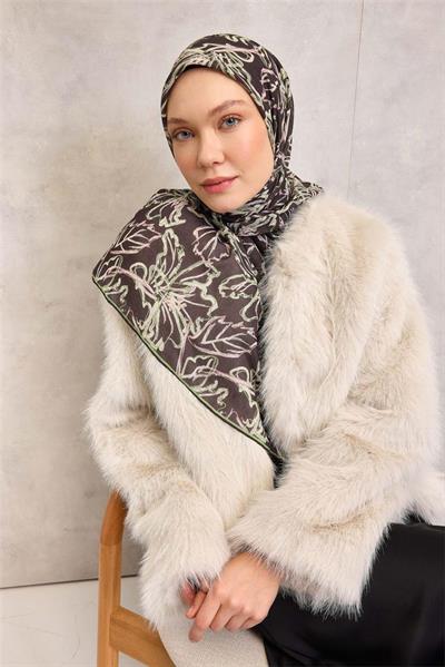 Pamuk Polyester Soft Eşarp Soluk Siyah Lilyum Desenli Tok Duruşlu 90x90
