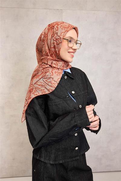 Pamuk Polyester Soft Eşarp Somon Lilium Desenli Kaymaz Dokulu 90x90