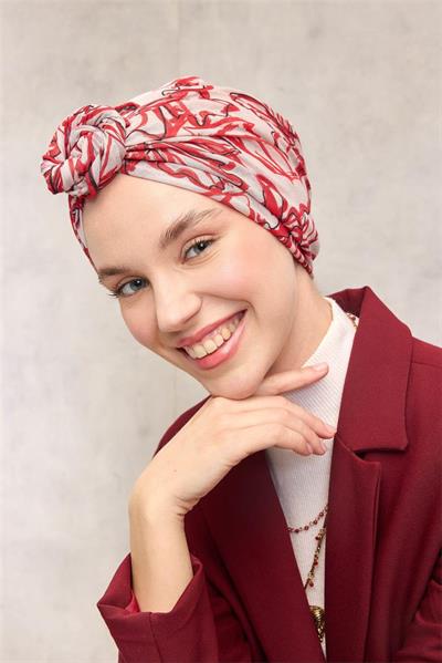 Pamuk Polyester Eşarp Krem-Kırmızı Siyah Desenli Soft Dokulu Tok Duruşlu 90x90